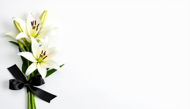 Elegant banner design featuring a white lily and black ribbon, providing a serene place for text in memory of the deceased for funeral service or memorial.