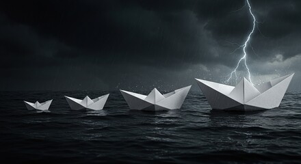 Dramatic Origami Boats in Stormy Ocean with Lightning . The image is a conceptual and surreal representation, symbolizing resilience and adversity, making it suitable for themes related to challenges.