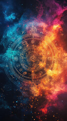 Pisces zodiac sign against horoscope wheel. Astrology calendar. Esoteric horoscope and fortune telling concept