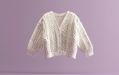 A soft cream cardigan mockup with intricate knit patterns, hovering gracefully on a pastel purple backdrop
