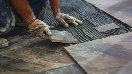 A close-up of a tiler placing tiles on a floor, with grout and tile spacers visible, Tiling scene