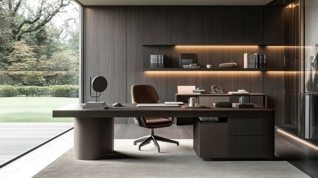 Modern office room interior design with a wooden desk, brown chair and shelves with lights