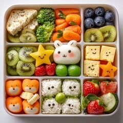 Deliciously arranged snack box featuring colorful fruits and cute shaped foods perfect for children or adults at lunchtime or a snack break, providing a fun and nutritious option to enjoy