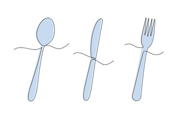 Set of cutlery in one continuous line in color. One line drawing, minimalism. Vector illustration.