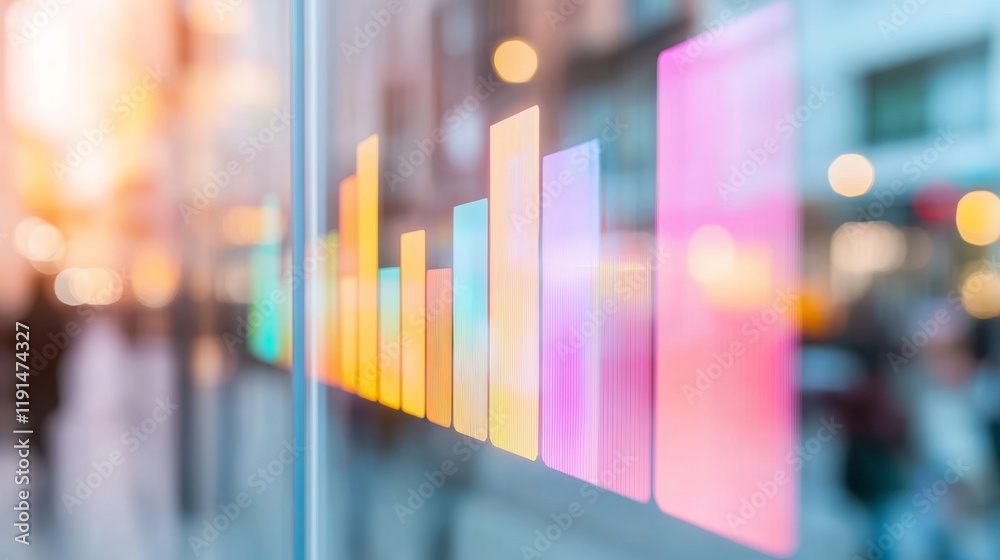 Poster pastel abstract stock chart with blurred business silhouettes in a modern digital interface setting