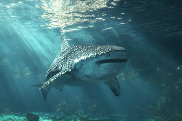 Naklejka premium Image of serene whale shark in vast ocean sanctuary MessageBoxIcon Stunning whale shark in serene ocean sanctuary