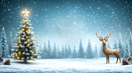 Winter Wonderland Illuminated Christmas Tree and Deer in Snowy Forest Scene