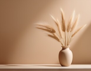 Generated image Soft wheat grasses in vase on empty beige wall. Calming beige hues. Neutral tones
