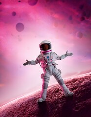 Naklejka premium Generated image Space explorer in astronaut suit on alien world in abstract pink universe with copy space