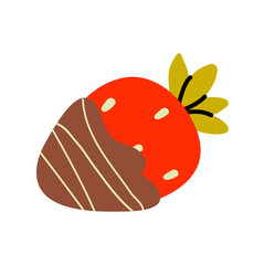 Bright red strawberry dipped in chocolate with decorative swirl pattern on a white background