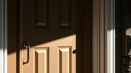 Sunlit Wooden Door: A Study in Light and Shadow.  The warm hues of the wood contrast beautifully with the sharp shadows, creating a captivating image of architectural detail and design.
