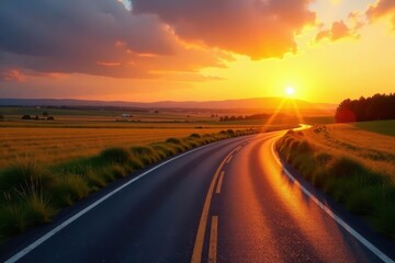 Fototapeta premium Golden sunrise illuminates a winding asphalt road through fields , asphalt, bright