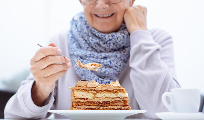 Smiling elderly woman sitting at the cafe table with a slice of coffee cake. Senior woman ignoring...