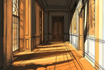 Obraz premium Sunlit hallway, wood paneling, large windows, doors.