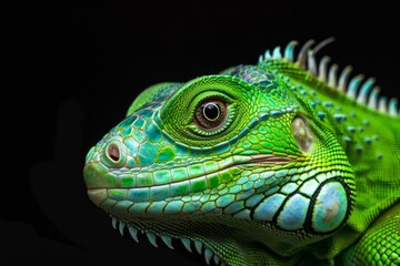 Fototapeta premium Close up of a vibrant green iguana against a dark background, highlighting its intricate scale patterns and captivating gaze