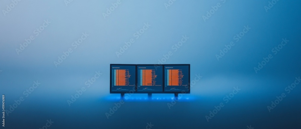 Poster high-tech workspace with dual monitors and led lighting for cybersecurity