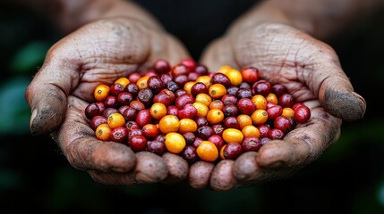 Harvesting Coffee Beans: Hands Holding Freshly Picked Coffee Cherries