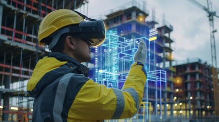 A man in a yellow jacket is wearing a virtual reality headset