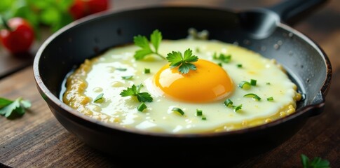 Rich golden yolk, fresh herbs, sizzling skillet, omelette, egg dish