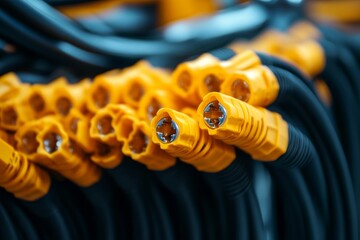Close-up of bundled cables with yellow connectors.
