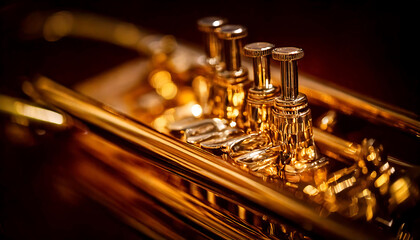 Fototapeta premium Close-up of gleaming golden trumpet valves, showcasing intricate details and metallic sheen. Perfect for music, artistry, or luxury themes; evokes feelings of elegance and craftsmanship.