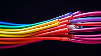 Rainbow colored tubes curve on black background.