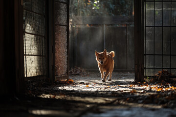 Dog Walking Through a Sunlit Garden Gate