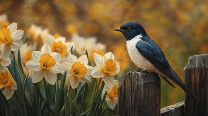 Obraz premium Small Bird with Tranquil Mood Perched on a Weathered Fence Against a Blooming Daffodil Background 
