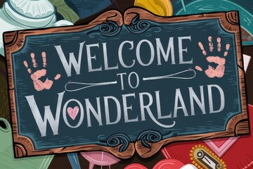 Fototapeta premium Welcome to Wonderland Sign with Handprints