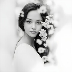 Young woman with flowers in black and white