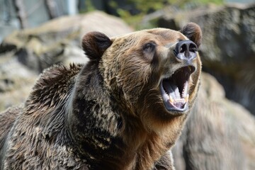 Fototapeta premium Brown bear opening its mouth showing teeth and tongue, growling and roaring