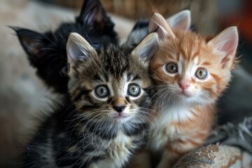 Obraz premium Three small kittens are cuddling together, creating a heartwarming scene of feline affection and companionship