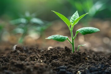 Close up of a seedling growing in rich soil, bathed in the warm glow of sunset, symbolizing new beginnings and the potential for growth