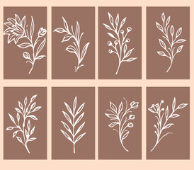 Flowers drawn by hand line, logo for design, on white background, Mocha Mousse colors - Pantone colors of 2025
