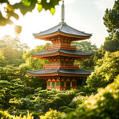 Obraz premium Serene three-story pagoda nestled in a lush Japanese garden, bathed in the warm glow of sunrise.