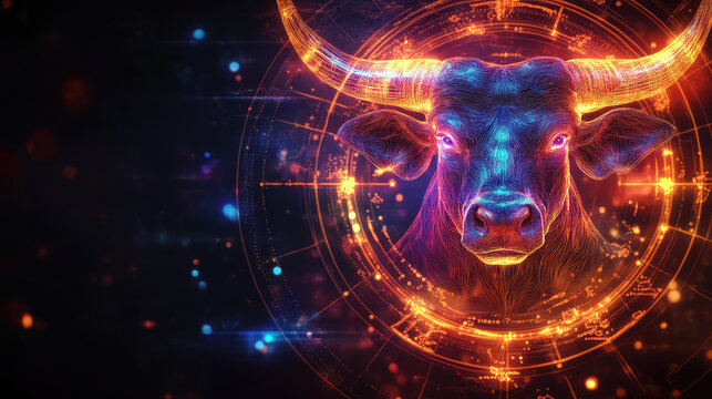 Taurus zodiac sign against horoscope wheel. Astrology calendar. Esoteric horoscope and fortune telling concept