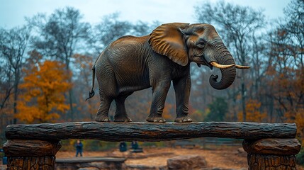 Fototapeta premium Circus elephant performing tricks balancing on a small platform with its trunk raised while trainers cheer it on from the sidelines