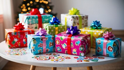 Naklejka premium Colorful wrapped presents with bows on a table in a cozy holiday setting 