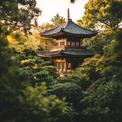 Obraz premium Serene pagoda nestled amongst lush greenery, bathed in the soft light of sunset.
