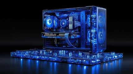 Fototapeta premium Illuminated Blue Custom Built Gaming Computer System