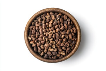 Fototapeta premium Wooden bowl overflowing with nutritious hemp seeds on white background
