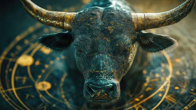 Taurus zodiac sign against horoscope wheel. Astrology calendar. Esoteric horoscope and fortune telling concept