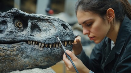 Dedicated Artist Restores Dinosaur Fossil in Museum Workshop with Precision and Care