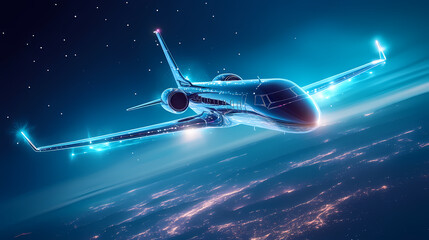 A futuristic jet aircraft with glowing features flying through the sky. Starstream. Illustration