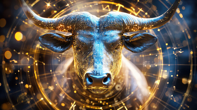 Taurus zodiac sign against horoscope wheel. Astrology calendar. Esoteric horoscope and fortune telling concept