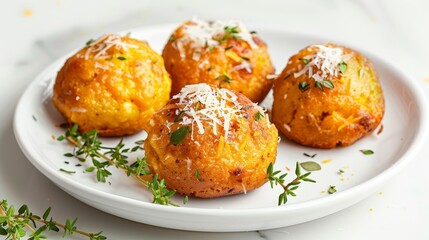 Fototapeta premium Savory pumpkin and cottage cheese muffins with parmesan and oregano on a white plate