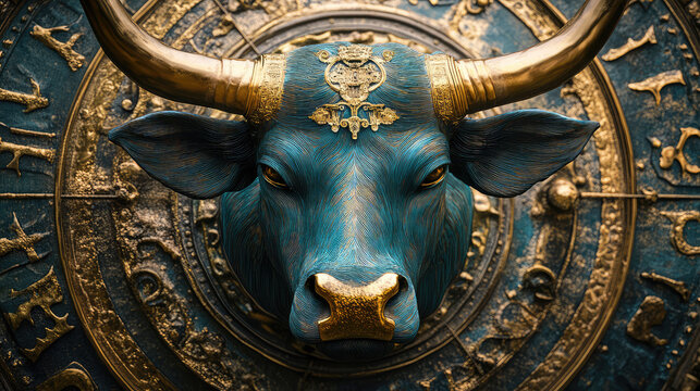 Taurus zodiac sign against horoscope wheel. Astrology calendar. Esoteric horoscope and fortune telling concept