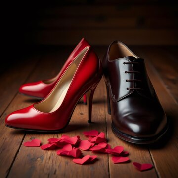 Elegant shoes of man and woman next to red hearts, symbol of a couple