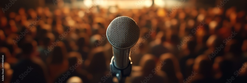 Poster microphone stands center stage, ready for a performance, with a blurred audience in the background, 