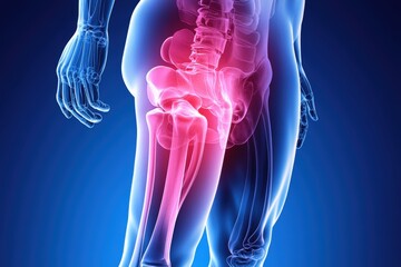 Highlighted hip joint showing pain in human body anatomy